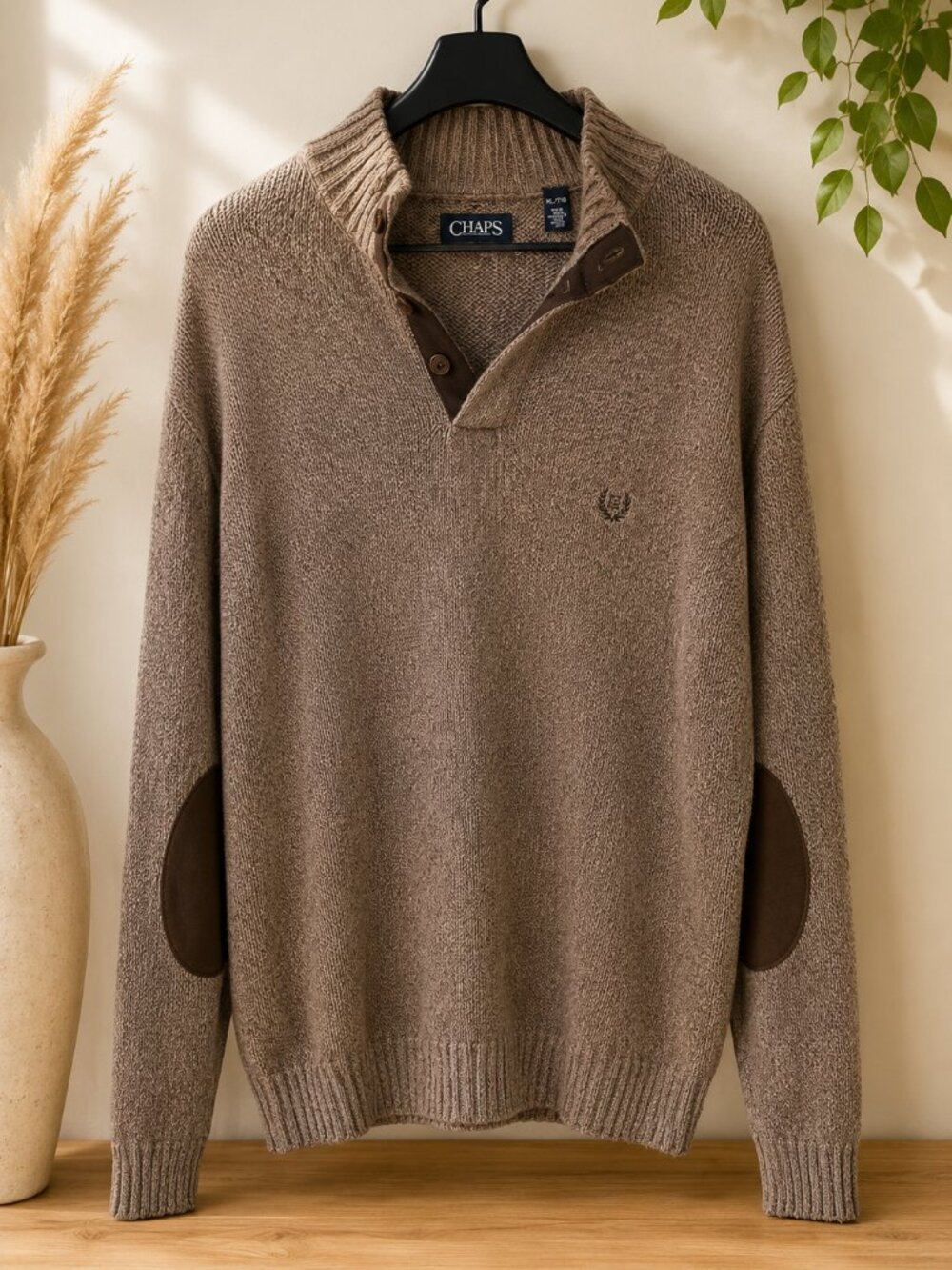 Chaps Men's XXL Brown Mock Neck Quarter Button Knit Sweater Elbow Patches EUC